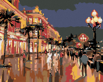 Malování podle čísel - VEČERNÍ PROCHÁZKA MĚSTEM POD PALMAMI - 40x50 cm, bez rámu a bez vypnutí plátna