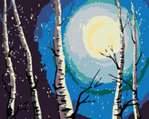Malování podle čísel - BŘÍZY, MĚSÍC A PADAJÍCÍ SNÍH - 40x50 cm, vypnuté plátno na rám