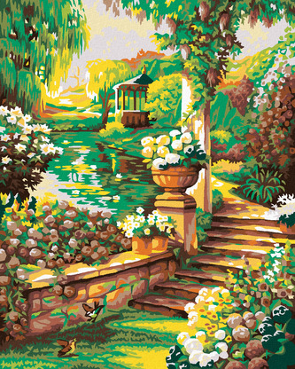 Malování podle čísel - KRÁSNÁ KVĚTINOVÁ ZAHRÁDKA S ALTÁNEM - 40x50 cm, bez rámu a bez vypnutí plátna