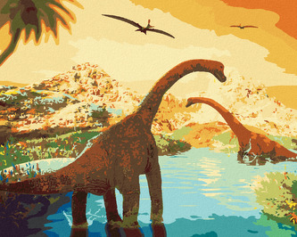 Malování podle čísel - KRÁSNÁ KRAJINA S DINOSAURY - 40x50 cm, bez rámu a bez vypnutí plátna