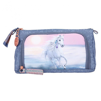 Školní penál taštička Miss Melody, Modro-měděná s přívěskem