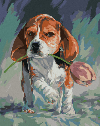 Malování podle čísel - PEJSEK S TULIPÁNEM - 40x50 cm, bez rámu a bez vypnutí plátna