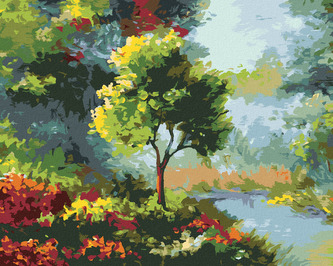 Malování podle čísel - STROM MEZI KVĚTINAMI U ŘEKY - 40x50 cm, bez rámu a bez vypnutí plátna