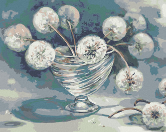 Malování podle čísel - PAMPELIŠKY VE SKLENĚNÉ VÁZE - 40x50 cm, bez rámu a bez vypnutí plátna