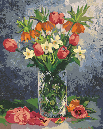 Malování podle čísel - TULIPÁNY A DALŠÍ JARNÍ KVĚTINY VE VÁZE - 40x50 cm, bez rámu a bez vypnutí plátna
