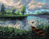 Malování podle čísel - LESNÍ KRAJINA S LOĎKOU - 40x50 cm, bez rámu a bez vypnutí plátna