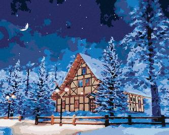 Malování podle čísel - ZASNĚŽENÝ SRUB NA HORÁCH - 80x100 cm, bez rámu a bez vypnutí plátna