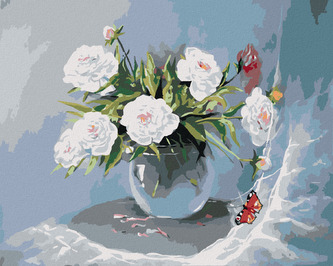 Malování podle čísel - BÍLÉ KVĚTINY VE VÁZE A MOTÝL - 40x50 cm, bez rámu a bez vypnutí plátna