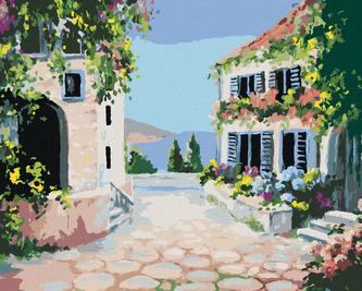 Malování podle čísel - KVĚTINOVÝ DŮM U MOŘE - 80x100 cm, vypnuté plátno na rám