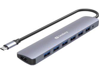 Sandberg USB-C HUB, porty 7x USB 3.0, stříbrný