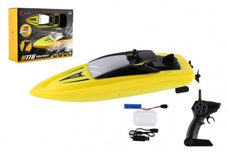 Motorový člun/loď do vody RC plast 22cm žlutý na baterie+dob. pack+USB 2,4Ghz v krabici 29x22x9cm