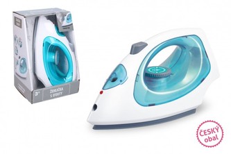 Žehlička vypouštějící páru plast 22cm na baterie se zvukem a se světlem v krabici 16x23x14cm