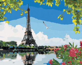 Malování podle čísel - EIFFELOVA VĚŽ POHLED OD ŘEKY - 80x100 cm, vypnuté plátno na rám
