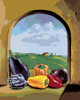 Malování podle čísel - MIX ZELENINY NA OKNĚ S VÝHLEDEM NA KRAJINU - 40x50 cm, bez rámu a bez vypnutí plátna