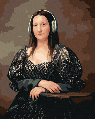 Malování podle čísel - MONA LISA SE SLUCHÁTKY - 80x100 cm, bez rámu a bez vypnutí plátna