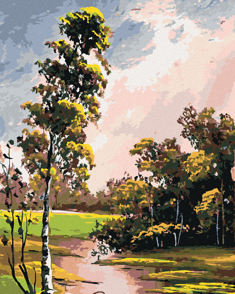 Malování podle čísel - LETNÍ KRAJINA S BŘÍZOU A JEZÍRKEM - 40x50 cm, bez rámu a bez vypnutí plátna