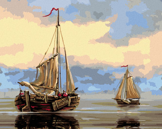 Malování podle čísel - DVĚ RYBÁŘSKÉ LOĎKY NA KRAJI MOŘE - 40x50 cm, bez rámu a bez vypnutí plátna