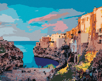 Malování podle čísel - JARNÍ PANORAMA MĚSTA POLIGNANO - 80x100 cm, vypnuté plátno na rám