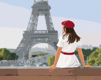 Malování podle čísel - ŽENA V BÍLÝ ŠATECH A EIFFELOVA VĚŽ - 40x50 cm, vypnuté plátno na rám