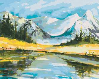 Malování podle čísel - ZASNĚŽENÉ HORY S JEZEREM - 80x100 cm, vypnuté plátno na rám