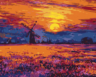 Malování podle čísel - BAREVNÝ ZÁPAD SLUNCE A VĚTRNÝ MLÝN - 40x50 cm, bez rámu a bez vypnutí plátna