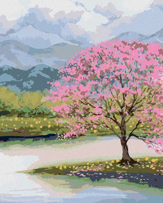 Malování podle čísel - ROZKVETLÁ SAKURA U VODY - 80x100 cm, vypnuté plátno na rám