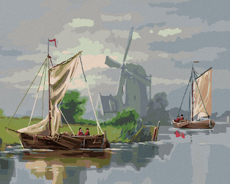 Malování podle čísel - VĚTRNÝ MLÝN A PLACHETNIČKY - 80x100 cm, bez rámu a bez vypnutí plátna