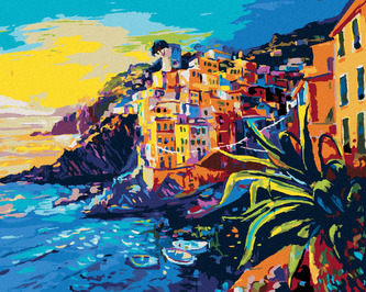 Malování podle čísel - LODĚ A STARÉ DOMY NA POBŘEŽÍ - 80x100 cm, vypnuté plátno na rám