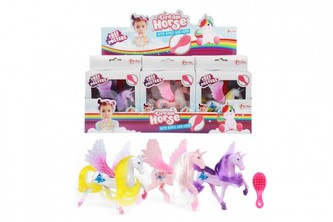 Jednorožec/kůň s křídly česací s hřebenem plast 12cm 3 barvy v krabičce 12x16,5x4cm 12ks v boxu