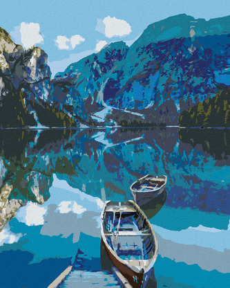 Malování podle čísel - DVĚ DŘEVĚNÉ LOĎKY NA JEZEŘE - 40x50 cm, bez rámu a bez vypnutí plátna