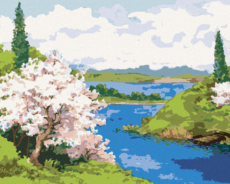 Malování podle čísel - KVETOUCÍ STROMY NA BŘEHU KLIKATÉ ŘEKY - 80x100 cm, vypnuté plátno na rám Malování podle čísel - KVETOUCÍ STROMY NA BŘEHU KLIKATÉ ŘEKY - 80x100 cm, vypnuté plátno na rám