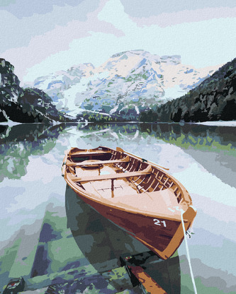 Malování podle čísel - DŘEVĚNÁ LOĎKA NA ALPSKÉM JEZEŘE - 80x100 cm, bez rámu a bez vypnutí plátna