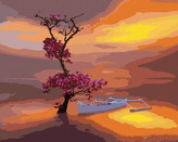 Malování podle čísel - LOĎKA S NÁDHERNĚ KVETOUCÍM STROMEM - 40x50 cm, vypnuté plátno na rám