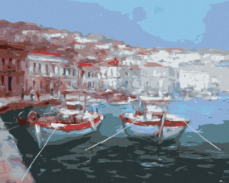 Malování podle čísel - DVĚ STEJNÉ LOĎKY V PŘÍSTAVU - 40x50 cm, bez rámu a bez vypnutí plátna