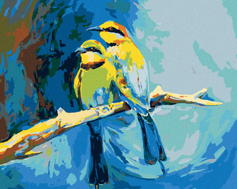 Malování podle čísel - BAREVNÍ PTÁČCI NA MODRÉM POZADÍ - 40x50 cm, vypnuté plátno na rám