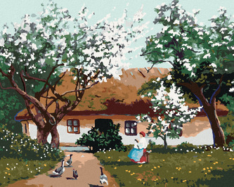 Malování podle čísel - JARNÍ RÁNO NA VESNICI - 80x100 cm, vypnuté plátno na rám