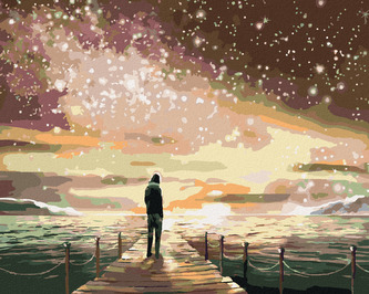 Malování podle čísel - MUŽ NA MOLU POD ZÁŘÍCÍ OBLOHOU - 80x100 cm, bez rámu a bez vypnutí plátna