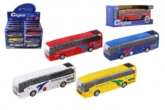 Autobus kov/plast 16cm na baterie se zvukem se světlem na zpětné natažení 4 barvy v kr. 24ks v boxu