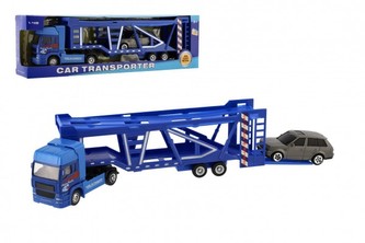 Auto kamion přepravník +  auto kov/plast 32cm na volný běh v krabici 36x11x6cm