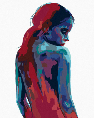 Malování podle čísel - ŽENA V ODSTÍNECH MODRÉ A ČERVENÉ - 80x100 cm, bez rámu a bez vypnutí plátna