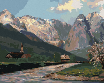 Malování podle čísel - HORY A VESNICE NA VENKOVĚ - 40x50 cm, bez rámu a bez vypnutí plátna