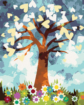 Malování podle čísel - SRDCOVÝ STROM A KVĚTINY - 40x50 cm, bez rámu a bez vypnutí plátna