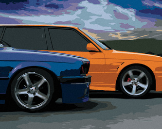 Malování podle čísel - DVĚ BAREVNÁ AUTA - 40x50 cm, bez rámu a bez vypnutí plátna