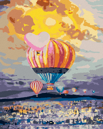 Malování podle čísel - HORKOVZDUŠNÉ BALÓNY NAD MĚSTEM - 40x50 cm, vypnuté plátno na rám
