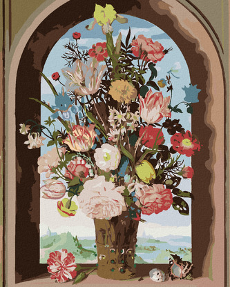 Malování podle čísel - VÁZA S KVĚTINAMI V OKENNÍM VÝKLENKU (AMBROSIUS BOSSCHAERT) - 40x50 cm, bez rámu a bez vypnutí plátna
