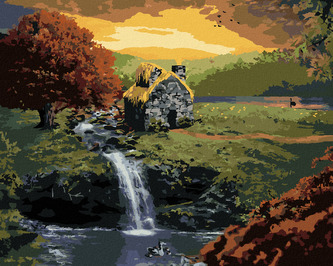 Malování podle čísel - LESNÍ CHATIČKA S POTŮČKEM - 80x100 cm, vypnuté plátno na rám