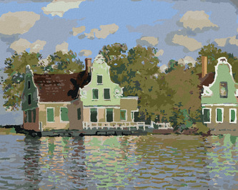 Malování podle čísel - DŮM NA ŘECE ZAAN V ZAANDAMU (CLAUDE MONET) - 80x100 cm, bez rámu a bez vypnutí plátna
