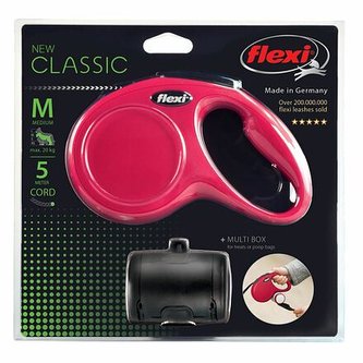 Flexi New Classic SET M šňůra 5 m, max. 20kg+zásobník, červená - DOPRODEJ