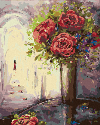 Malování podle čísel - RŮŽE VE VÁZE A ŽENA V DÁLI - 80x100 cm, vypnuté plátno na rám