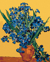 Malování podle čísel - KOSATCE NA ŽLUTÉM PODKLADU DLE VAN GOGHA - 40x50 cm, bez rámu a bez vypnutí plátna